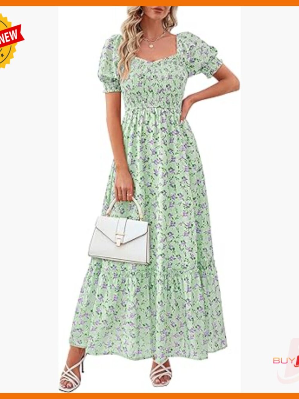 Women's Floral Maxi Dress Smocked Bodice Sweetheart Neckline Pockets